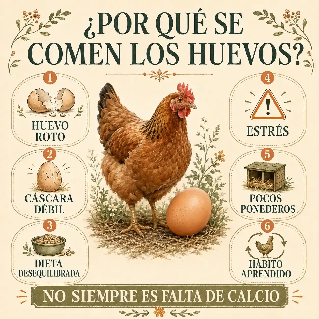 Infografía con las principales causas por las que las gallinas se comen sus huevos