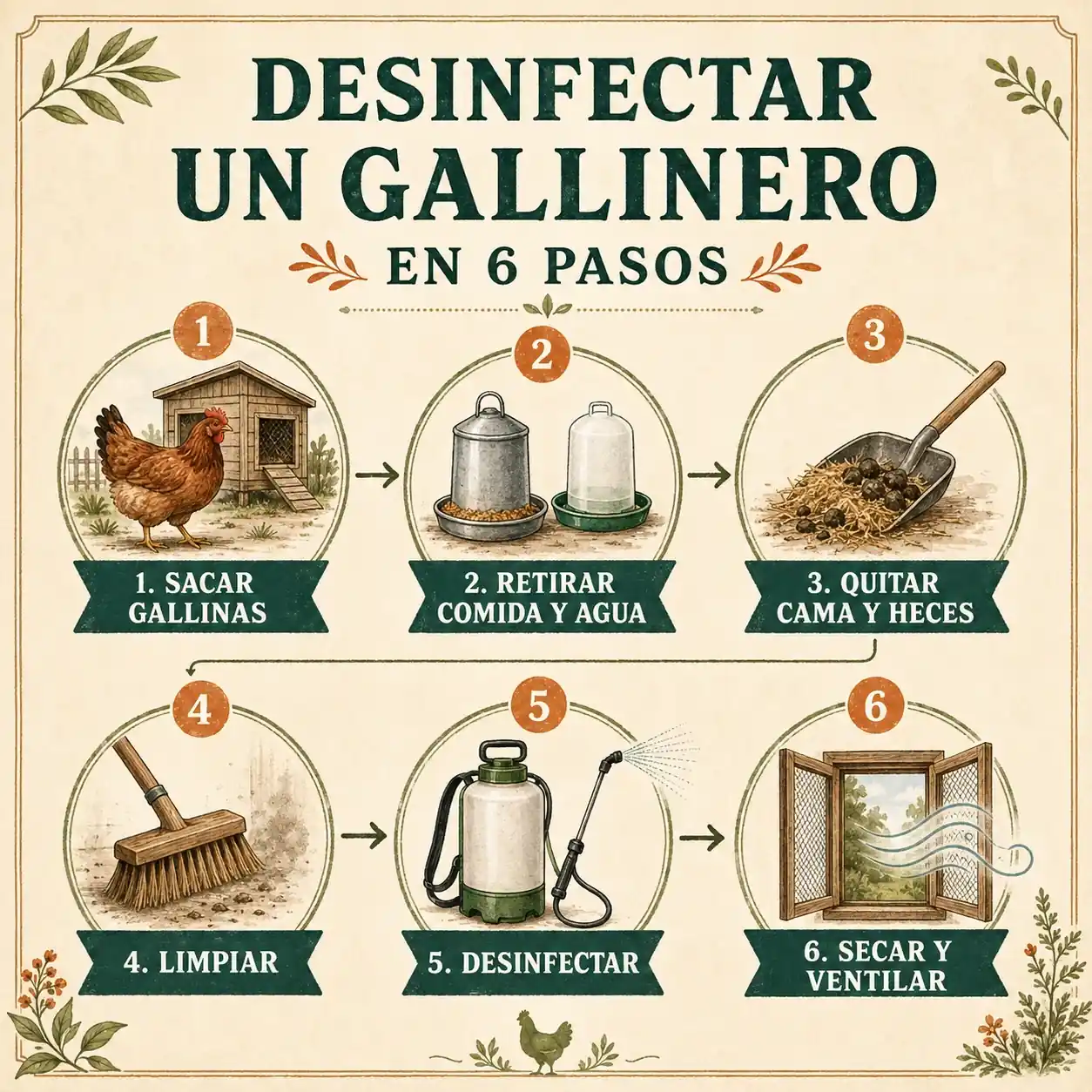 Infografía paso a paso para limpiar y desinfectar un gallinero