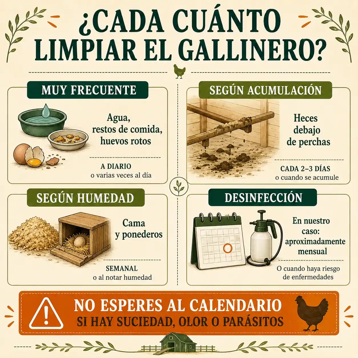 Infografía sobre cada cuánto limpiar y desinfectar un gallinero