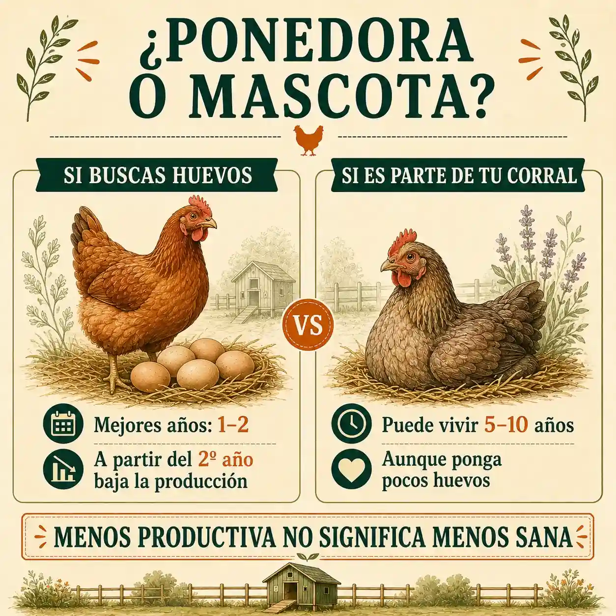 Infografía que compara una gallina como ponedora frente a una gallina como mascota