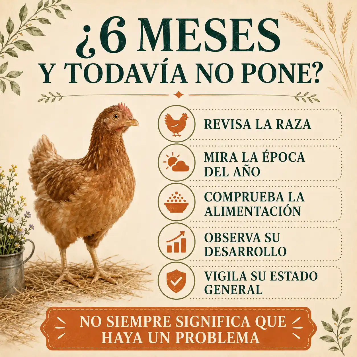 Infografía sobre qué revisar si una gallina de seis meses todavía no pone huevos