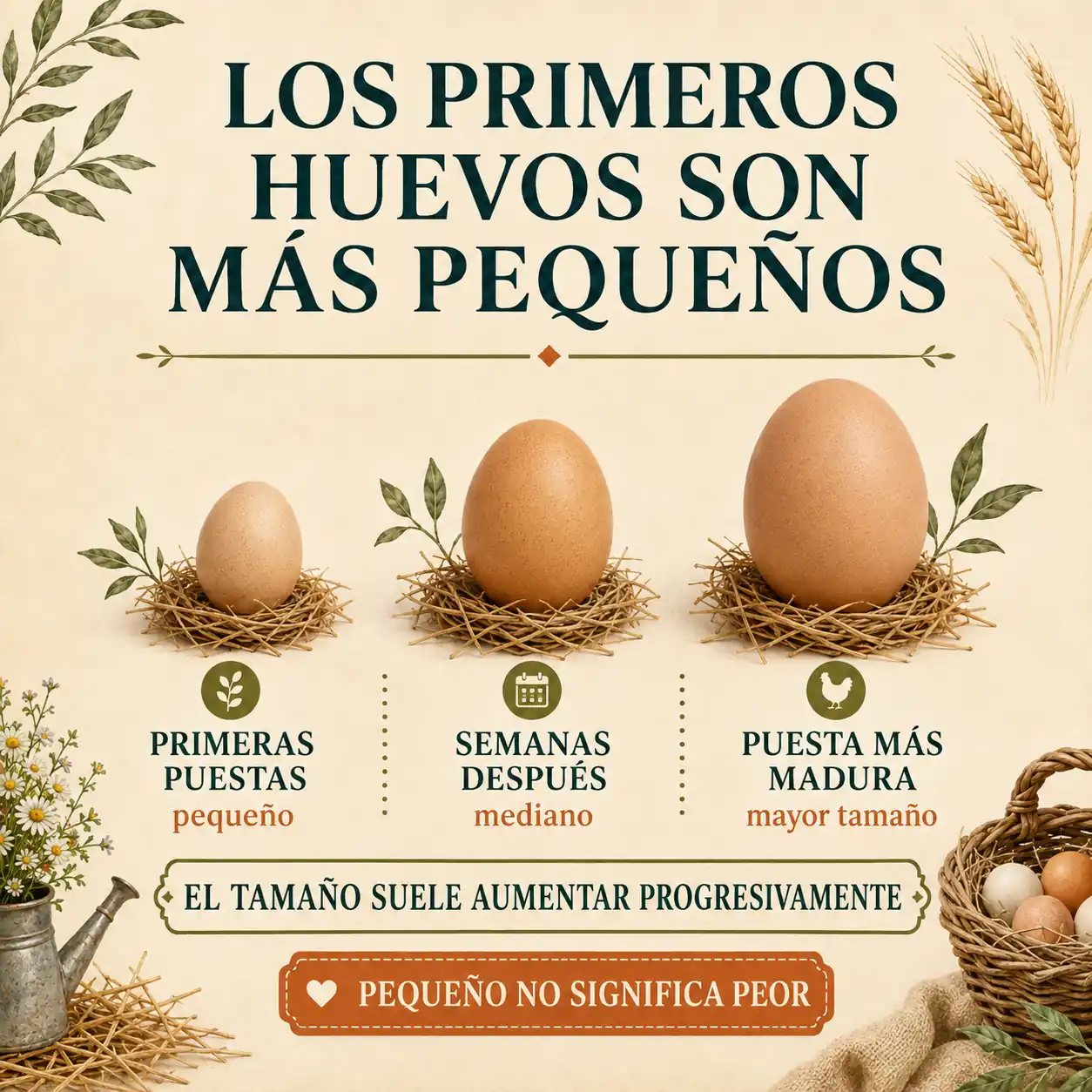 Infografía comparando el tamaño de los primeros huevos de una pollita con huevos posteriores