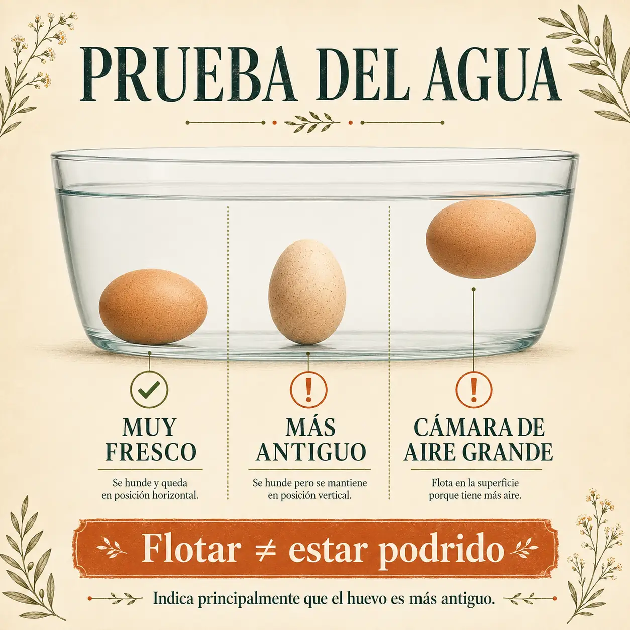 Prueba del agua con un huevo fresco hundido y un huevo antiguo flotando
