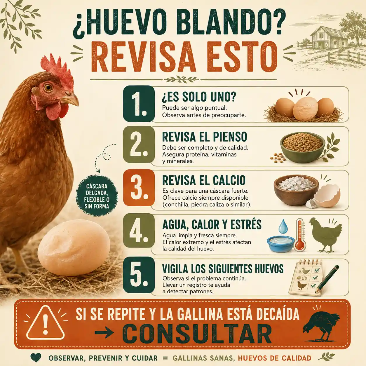 Infografía sobre qué hacer cuando una gallina pone un huevo blando o sin cáscara