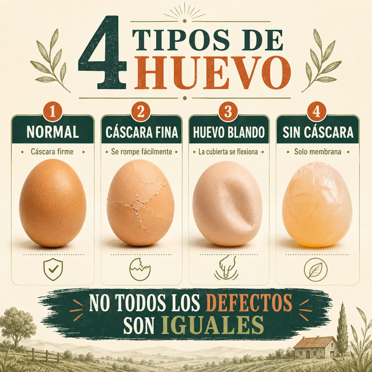 Infografía sobre huevo normal, huevo con cáscara fina, huevo blando y huevo sin cáscara